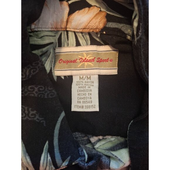 Original Island Sport  Hawaiian Mens Button Up Shirt Medium Black Floral Beach - Picture 3 of 7